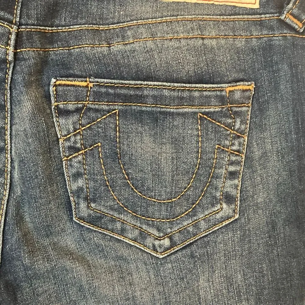 True religion Riley Knee Length Raw Hem Denim Short Dark Wash size 30 #200